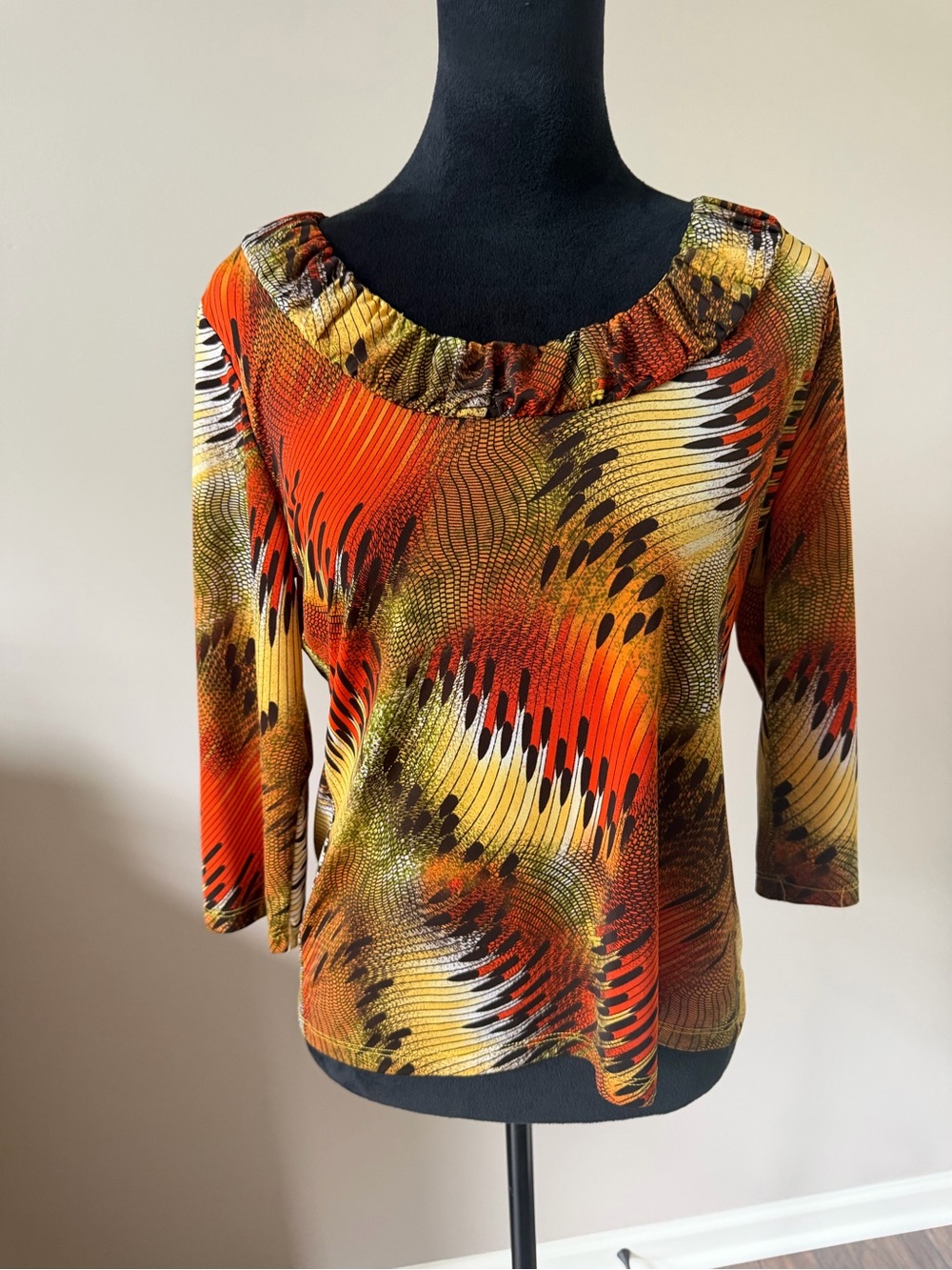 Jonden Orange & Gold Abstract Print Scoop Neck Top Petite Large 3/4 Sleeves